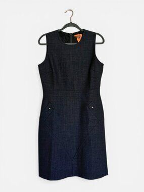 Tory Burch Black Sleeveless Gray Wool Sheath Dress Sz 12